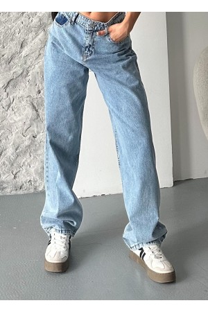 Kadın Kot Baggy Jeans Denim Pantolon Kar Yıkama Mavi 4000