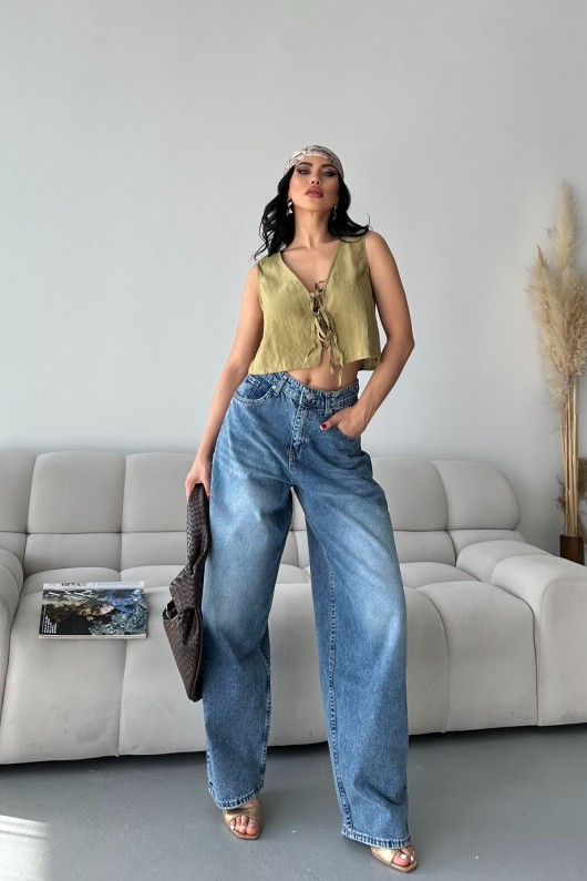 Kadın Kot Baggy Bol Kesim Bıyık Kimyasal Yıkamalı Pantolon Mavi 4001