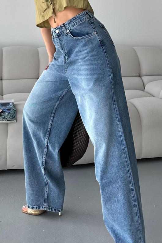 Kadın Kot Baggy Bol Kesim Bıyık Kimyasal Yıkamalı Pantolon Mavi 4001