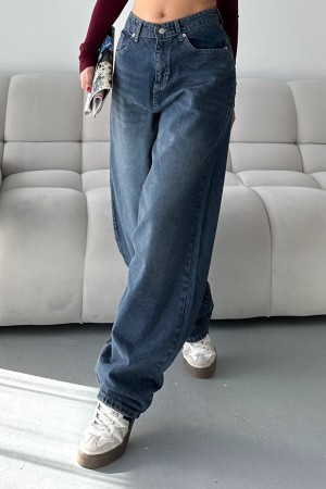 Kadın Kot Baggy Bol Kesim Bıyık Kimyasal Yıkamalı Pantolon Koyu Mavi 4001
