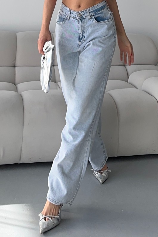 Kadın Kot Baggy Bol Kesim Bıyık Kimyasal Yıkamalı Pantolon Buz Mavi 4001