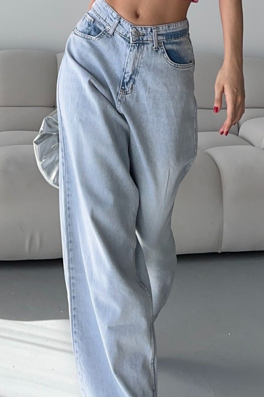 Kadın Kot Baggy Bol Kesim Bıyık Kimyasal Yıkamalı Pantolon Buz Mavi 4001