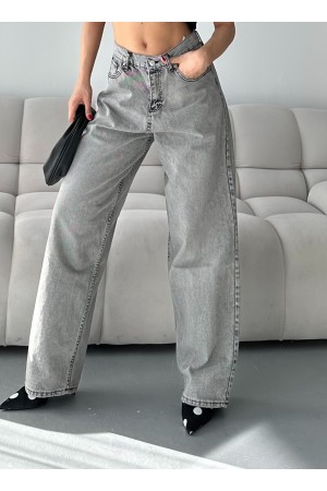 Kadın Kot Baggy Bol Kesim Bıyık Kimyasal Yıkamalı Pantolon Açık Gri 4001