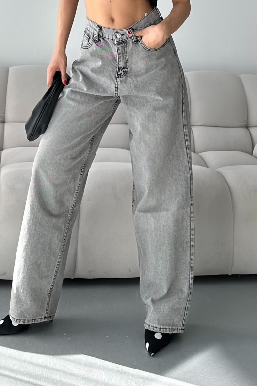 Kadın Kot Baggy Bol Kesim Bıyık Kimyasal Yıkamalı Pantolon Açık Gri 4001