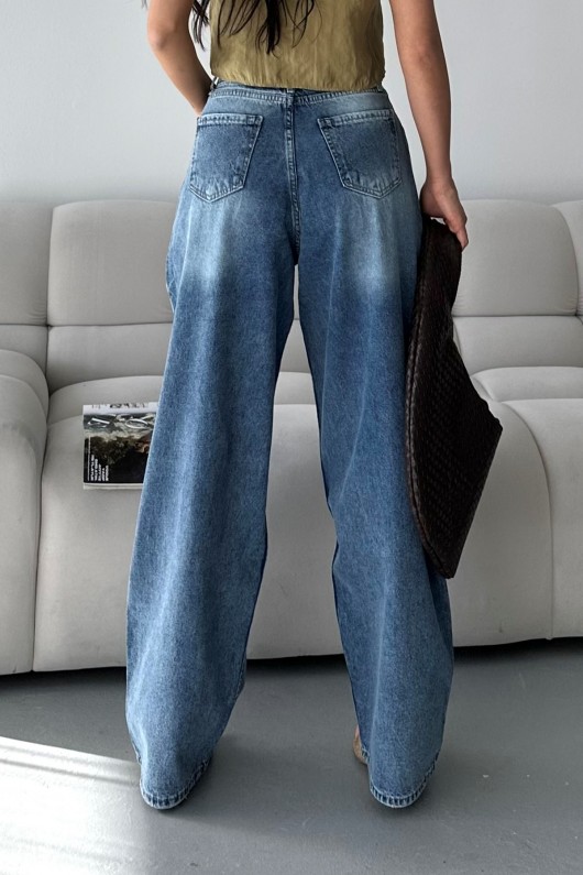 Kadın Kot Baggy Bol Kesim Bıyık Kimyasal Yıkamalı Pantolon Mavi 4001