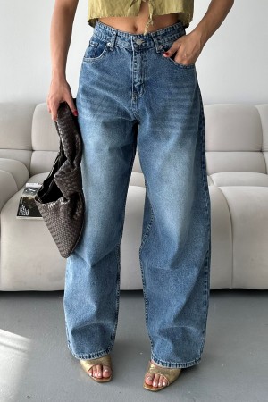 Kadın Kot Baggy Bol Kesim Bıyık Kimyasal Yıkamalı Pantolon Mavi 4001