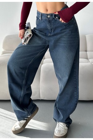 Kadın Kot Baggy Bol Kesim Bıyık Kimyasal Yıkamalı Pantolon Koyu Mavi 4001