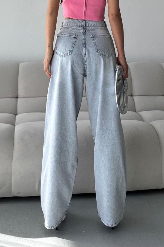 Kadın Kot Baggy Bol Kesim Bıyık Kimyasal Yıkamalı Pantolon Buz Mavi 4001