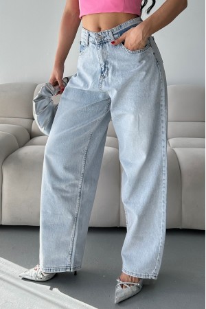Kadın Kot Baggy Bol Kesim Bıyık Kimyasal Yıkamalı Pantolon Buz Mavi 4001