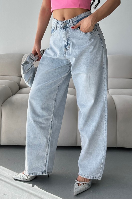 Kadın Kot Baggy Bol Kesim Bıyık Kimyasal Yıkamalı Pantolon Buz Mavi 4001