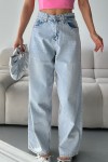 Kadın Kot Baggy Bol Kesim Bıyık Kimyasal Yıkamalı Pantolon Buz Mavi 4001