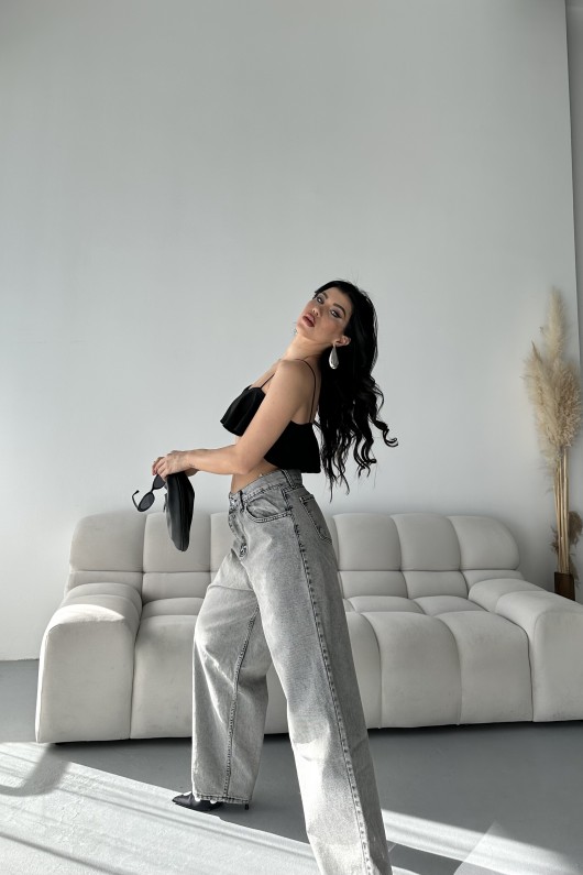 Kadın Kot Baggy Bol Kesim Bıyık Kimyasal Yıkamalı Pantolon Açık Gri 4001