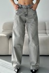 Kadın Kot Baggy Bol Kesim Bıyık Kimyasal Yıkamalı Pantolon Açık Gri 4001