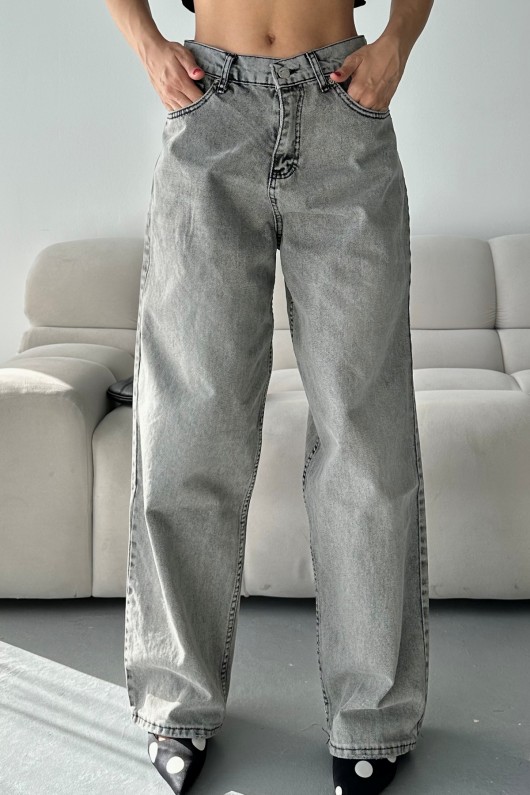 Kadın Kot Baggy Bol Kesim Bıyık Kimyasal Yıkamalı Pantolon Açık Gri 4001