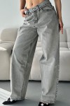 Kadın Kot Baggy Bol Kesim Bıyık Kimyasal Yıkamalı Pantolon Açık Gri 4001