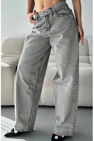 Kadın Kot Baggy Bol Kesim Bıyık Kimyasal Yıkamalı Pantolon Açık Gri 4001