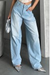 Kadın Baggy Kot Taş Enzim Kimyasal Bıyık Yıkama Pantolon Buz Mavi 4002