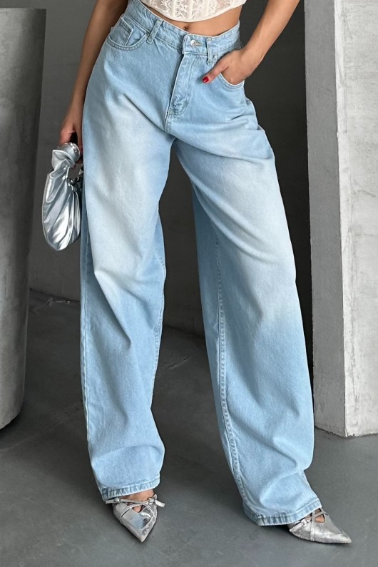 Kadın Baggy Kot Taş Enzim Kimyasal Bıyık Yıkama Pantolon Buz Mavi 4002