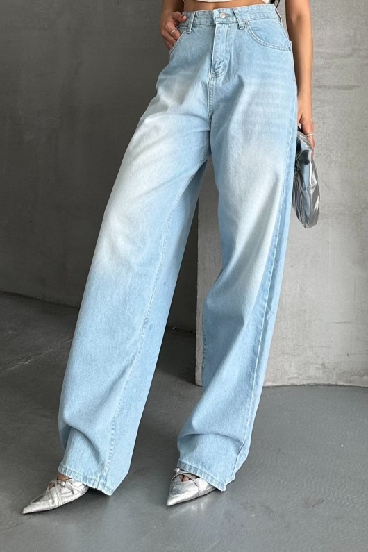 Kadın Baggy Kot Taş Enzim Kimyasal Bıyık Yıkama Pantolon Buz Mavi 4002