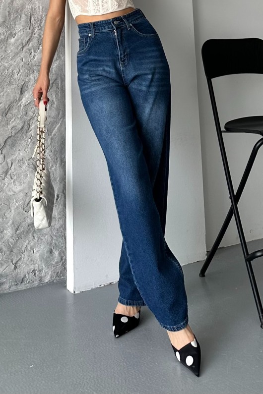 Kadın Baggy Kot Taş Enzim Kimyasal Bıyık Yıkama Pantolon Koyu Mavi 4002