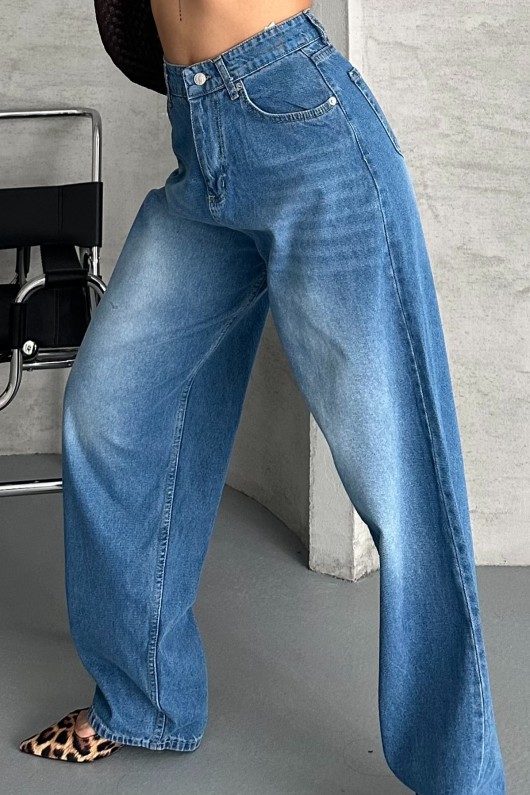 Kadın Baggy Kot Taş Enzim Kimyasal Bıyık Yıkama Pantolon Mavi 4002