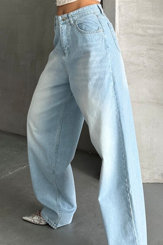 Kadın Baggy Kot Taş Enzim Kimyasal Bıyık Yıkama Pantolon Buz Mavi 4002