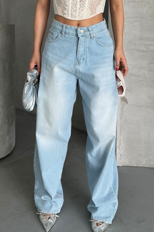 Kadın Baggy Kot Taş Enzim Kimyasal Bıyık Yıkama Pantolon Buz Mavi 4002