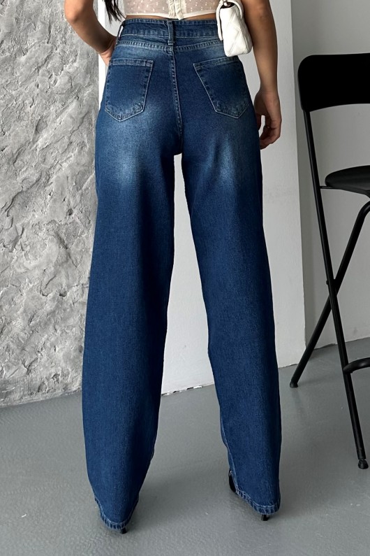 Kadın Baggy Kot Taş Enzim Kimyasal Bıyık Yıkama Pantolon Koyu Mavi 4002