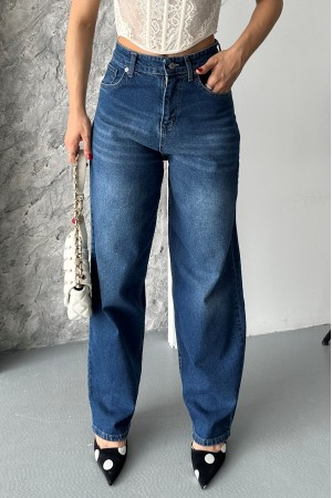 Kadın Baggy Kot Taş Enzim Kimyasal Bıyık Yıkama Pantolon Koyu Mavi 4002