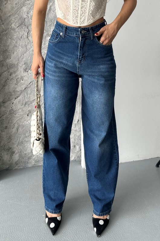 Kadın Baggy Kot Taş Enzim Kimyasal Bıyık Yıkama Pantolon Koyu Mavi 4002