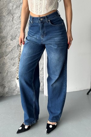 Kadın Baggy Kot Taş Enzim Kimyasal Bıyık Yıkama Pantolon Koyu Mavi 4002