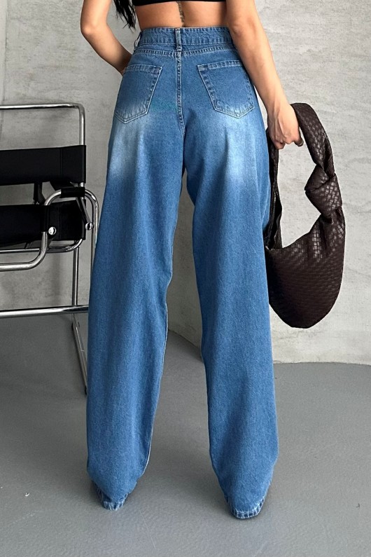 Kadın Baggy Kot Taş Enzim Kimyasal Bıyık Yıkama Pantolon Mavi 4002