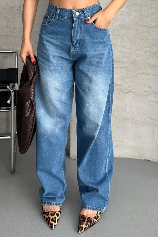 Kadın Baggy Kot Taş Enzim Kimyasal Bıyık Yıkama Pantolon Mavi 4002