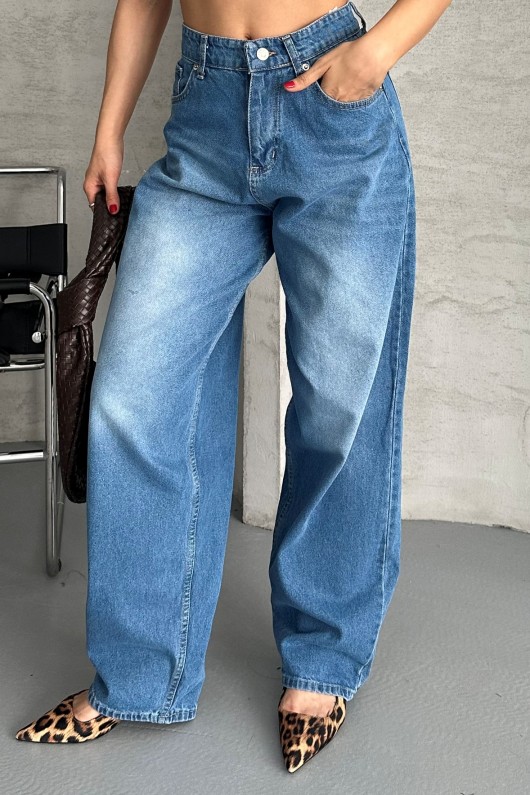 Kadın Baggy Kot Taş Enzim Kimyasal Bıyık Yıkama Pantolon Mavi 4002
