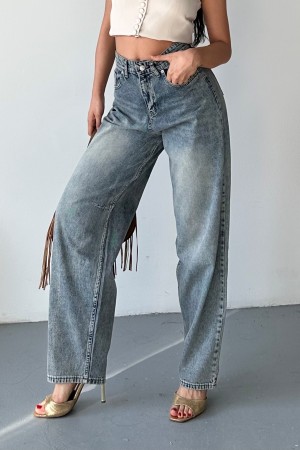Kadın Kemer Tokalı Baggy Jean Pantolon Efektli Açık Kahve Tint 4003