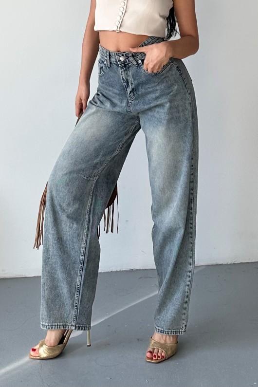 Kadın Kemer Tokalı Baggy Jean Pantolon Efektli Açık Kahve Tint 4003