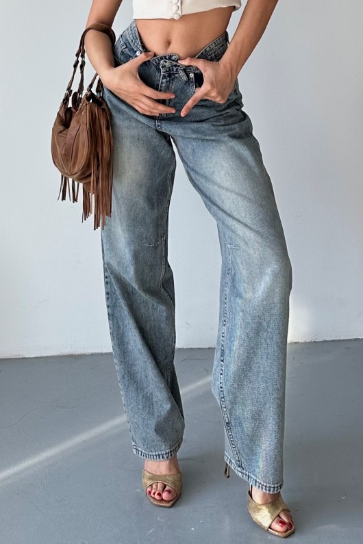 Kadın Kemer Tokalı Baggy Jean Pantolon Efektli Açık Kahve Tint 4003