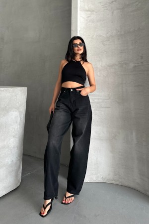 Kadın Kemer Tokalı Baggy Jean Pantolon Efektli Siyah 4003