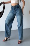 Kadın Kemer Tokalı Baggy Jean Pantolon Efektli Koyu Mavi Tintli 4003