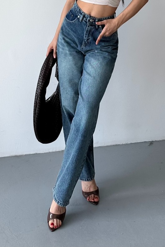Kadın Kemer Tokalı Baggy Jean Pantolon Efektli Koyu Mavi Tintli 4003
