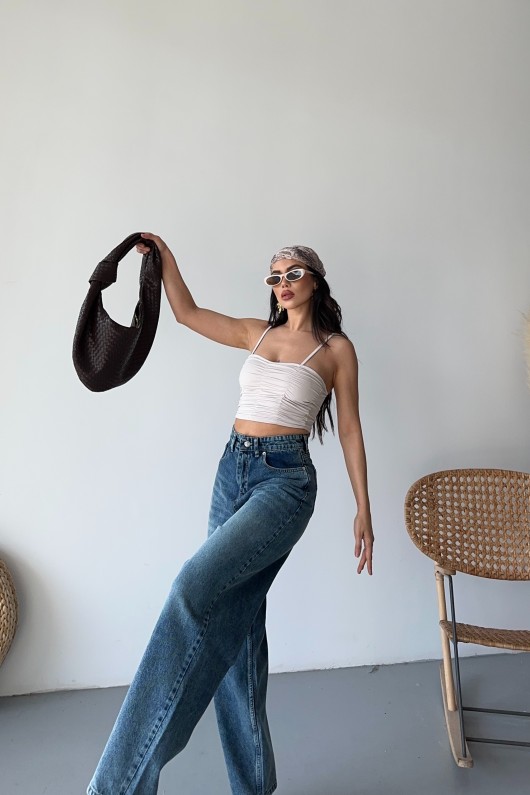 Kadın Kemer Tokalı Baggy Jean Pantolon Efektli Koyu Mavi Tintli 4003