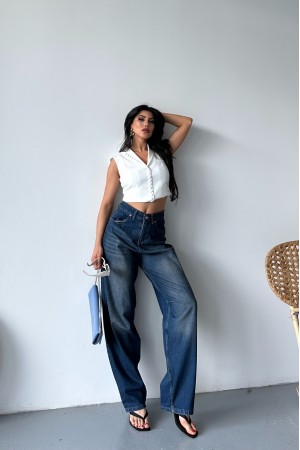 Kadın Kemer Tokalı Baggy Jean Pantolon Efektli Kahve Tint 4003