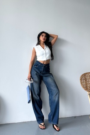 Kadın Kemer Tokalı Baggy Jean Pantolon Efektli Kahve Tint 4003