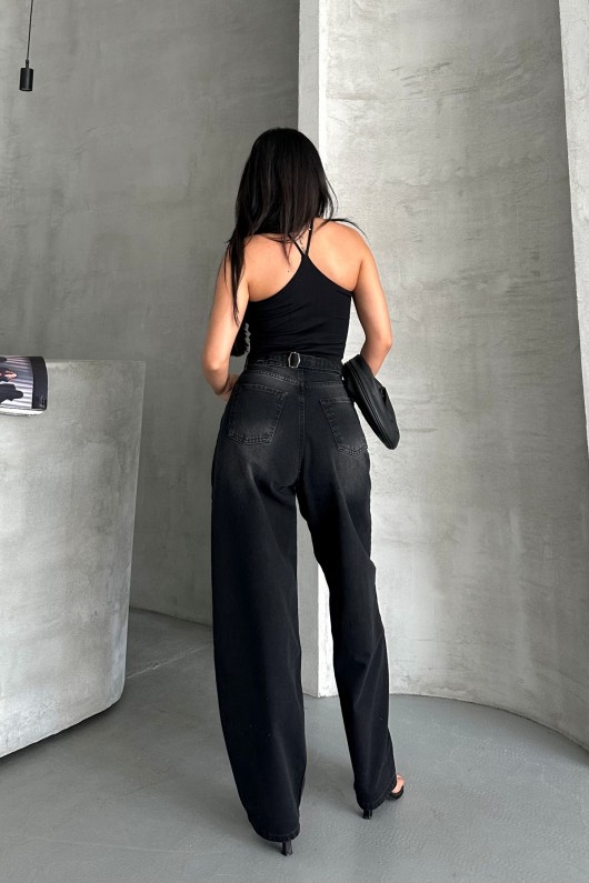 Kadın Kemer Tokalı Baggy Jean Pantolon Efektli Siyah 4003 Kadın Kemer Tokalı Baggy Jean Pantolon Efektli Siyah 4003