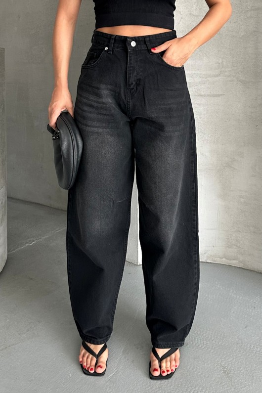 Kadın Kemer Tokalı Baggy Jean Pantolon Efektli Siyah 4003 Kadın Kemer Tokalı Baggy Jean Pantolon Efektli Siyah 4003