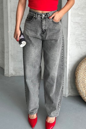 Kadın Kemer Tokalı Baggy Jean Pantolon Efektli Açık Füme 4003
