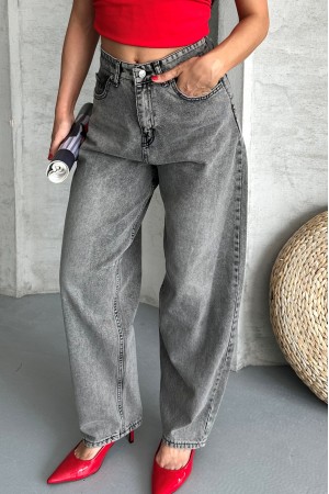 Kadın Kemer Tokalı Baggy Jean Pantolon Efektli Açık Füme 4003