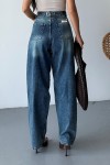 Kadın Kemer Tokalı Baggy Jean Pantolon Efektli Koyu Mavi Tintli 4003