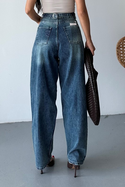 Kadın Kemer Tokalı Baggy Jean Pantolon Efektli Koyu Mavi Tintli 4003
