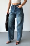 Kadın Kemer Tokalı Baggy Jean Pantolon Efektli Koyu Mavi Tintli 4003